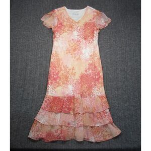 Bedford Fair Dress Women XS/S Orange Pink Floral Sheer Lined Split Sleeve Tiered